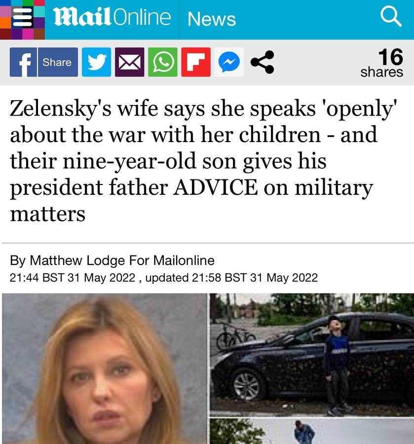 Զելենսկու կինը պատել է, որ իրենց 9-ամյա որդին հորը խորհուրդներ է տալիս պատերազմի վերաբերյալ. Daily Mail
